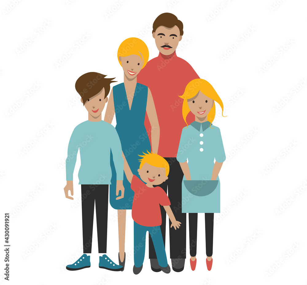 Family with three children. Mother, father and kids. Flat people figures. Vector. Family with three children. Mother, father and kids. Flat people figures. Vector.