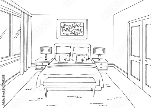 Bedroom graphic black white home interior sketch illustration vector 