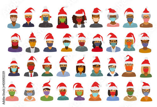 set of people in pandemic protective medical fabric face masks  in santa hats cartoon portraits, isolated vector illustration 