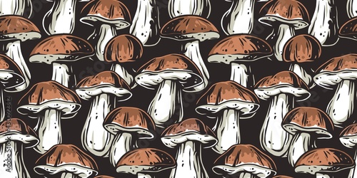 Mushroom picking of porcini, king bolete. Cep mushrooms. Vegetarian fungus boletus for food. Nature fungi for healthy nutrition. Seamless pattern