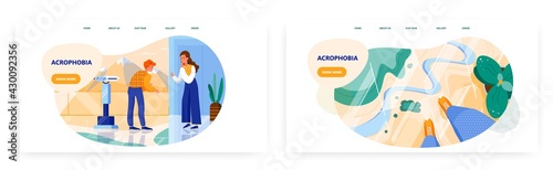 Acrophobia landing page design, website banner vector template set. Man experiencing panic because of fear of heights.