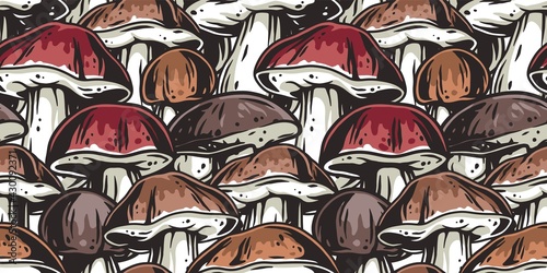 Mushroom picking of porcini, king bolete. Cep mushrooms. Vegetarian fungus boletus for food. Nature fungi for healthy nutrition. Seamless pattern