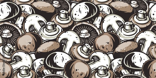 Mushroom picking of champignon. White button mushrooms. Vegetarian fungus cremini for food. Nature fungi portobello for healthy nutrition. Seamless pattern