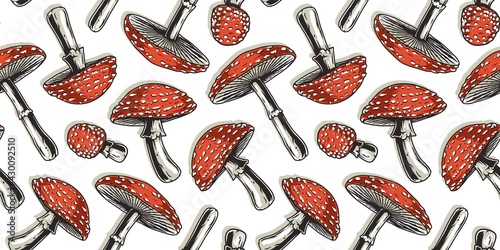 Mushroom picking of amanita. Poison mushrooms or fungus inedible fly agaric. Nature fungi fly-agaric. Seamless pattern