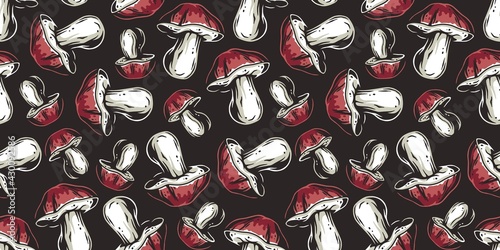 Mushroom picking of porcini, king bolete. Cep mushrooms. Vegetarian fungus boletus for food. Nature fungi for healthy nutrition. Seamless pattern