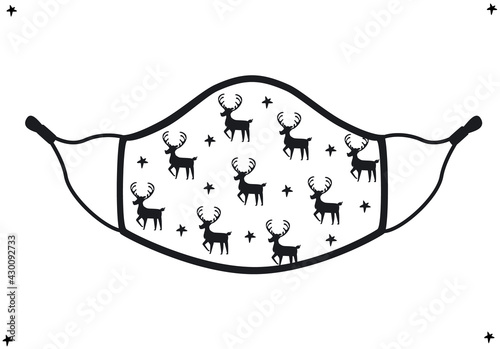 hand drawn stay safe winter  merry christmas xmas winter protective face mask with reindeer and stars pattern, isolated vector illustration