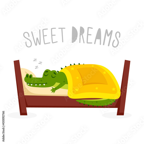 Crocodile cartoon character. Cute alligator sleeping in bed. Sweet Dreams. Vector illustration.	