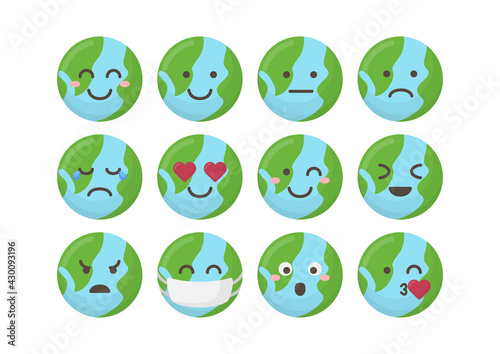 Earth planet emoji pack icons for apps. Bundle of bright flat  planet emoji for app or web site.
