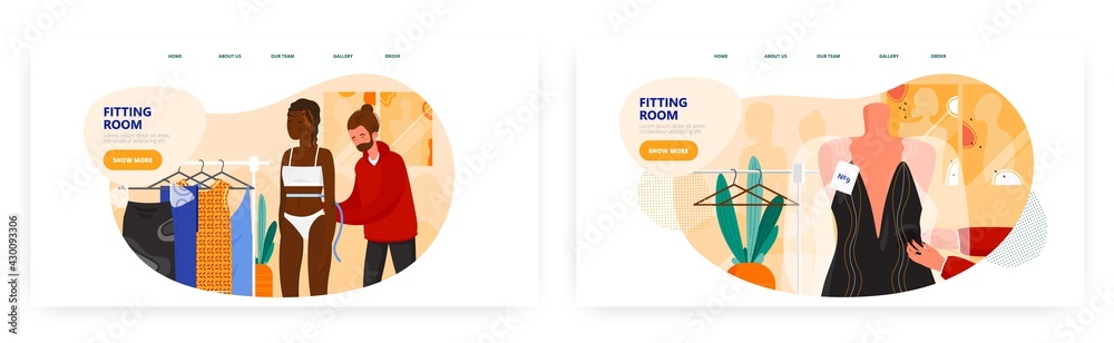 Fototapeta premium Fitting room landing page design, website banner vector template set. Dressing room. Fashion industry, show business.