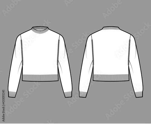 Fisherman cropped Sweater technical fashion illustration with rib crewneck, long sleeves, relax body, waist length, knit trim. Flat jumper apparel front, back, white color style. Women men CAD mockup