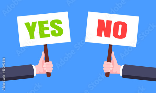 Hands hold yes and no words banner plate business concept flat style design vector illustration. Demonstration placard banner or test choice voting dispute.
