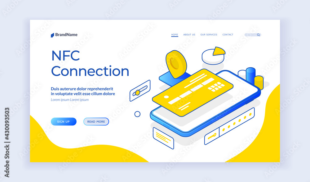 NFC Connection. Vector isometric illustration of smartphone with credit card representing contactless payment technology. Isometric web banner, landing page template