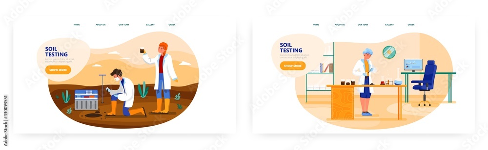 Soil testing landing page design, website banner vector template set. Agricultural soil analysis in the field and in lab