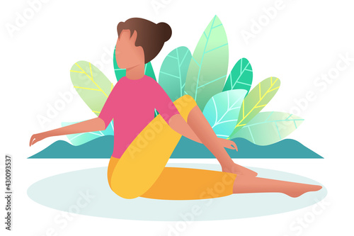A woman is engaged in yoga in nature. Snail pose. The concept of a healthy lifestyle and yoga in nature. Flat. Cartoon style. Vector.