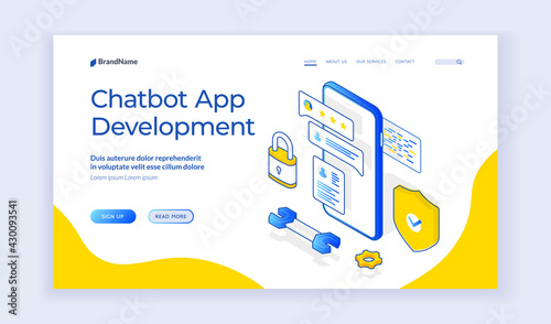 Chatbot appdevelopment. Landing page template. Vector isometric illustration of smartphone with contemporary chatbot and development symbols on modern web banner. Isometric web banner