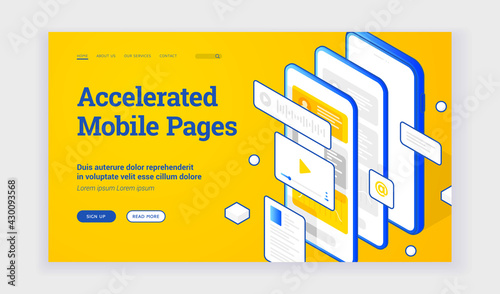 Vector illustration of modern smartphone with several fast websites and applications on advertisement banner for accelerated mobile pages technology. Isometric web banner, landing page template