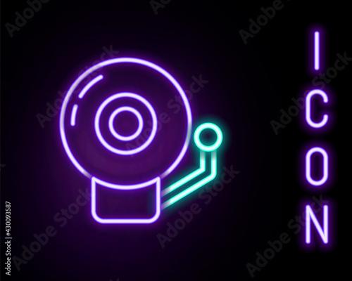 Glowing neon line Ringing alarm bell icon isolated on black background. Alarm symbol, service bell, handbell sign, notification symbol. Colorful outline concept. Vector