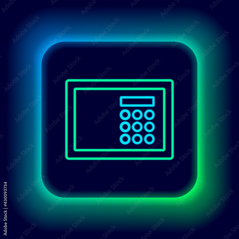 Glowing neon line Safe icon isolated on black background. The door safe a bank vault with a combination lock. Reliable Data Protection. Colorful outline concept. Vector Glowing neon line Safe icon isolated on black background. The door safe a bank vault with a combination lock. Reliable Data Protection. Colorful outline concept. Vector