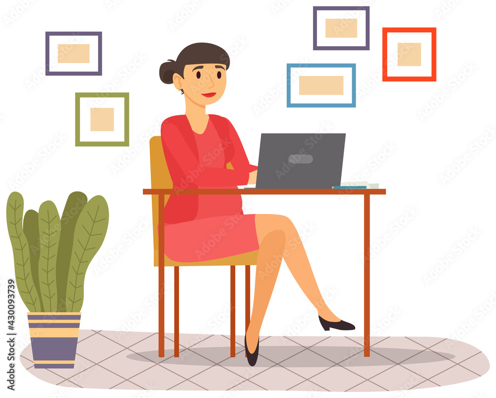 Female freelancer sitting at home with laptop. Working from remote vector illustration. Young woman sitting at desk with laptop and doing her work. Office employee doing task remotely with computer