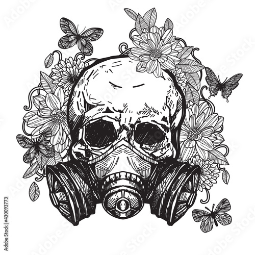 Skull tattoo with venom mask Flowers with butterflies on the back