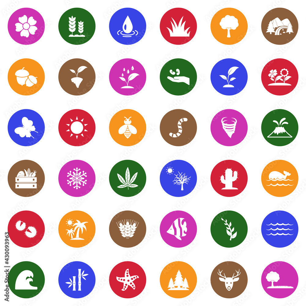 Nature Icons. White Flat Design In Circle. Vector Illustration. Nature Icons. White Flat Design In Circle. Vector Illustration.