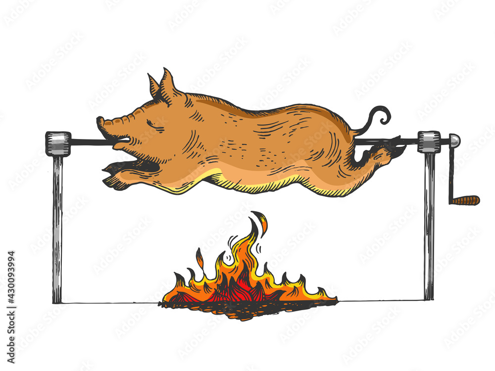 Piggy on spit engraving raster illustration - obrazy, fototapety, plakaty 