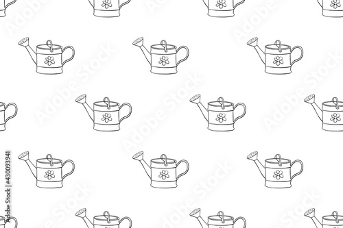 Seamless pattern with watering cans. Hand drawn outline vector background and texture in doodle style, isolated. Gardening tools for working in the garden, on the farm, in the dacha, country site