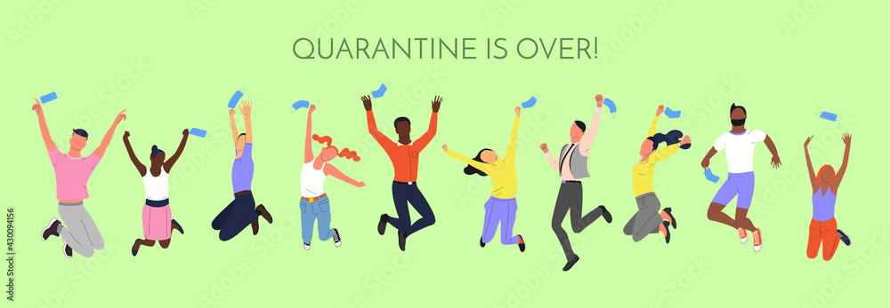 Fototapeta premium Crowd of young happy smiling multinational diverse people in jumping poses throwing up face masks. With text quarantine is over. Pandemic of covid 19 is over. Back to normal. Stock vector
