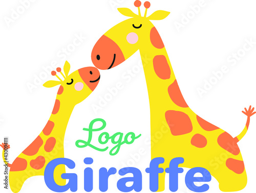 Mother and child giraffe whole body colorful kid logo. Cute and funny animal family vector illustration isolated on white.
