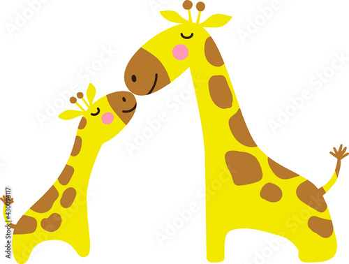 Mother and child giraffe whole body colorful kid cartoon characters. Cute and funny animal family vector illustration isolated on white.