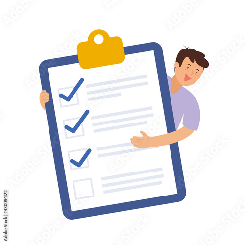 Young man holding clipboard with checklist, filled out questionnaire.