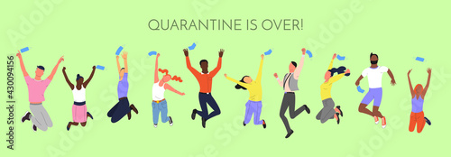 Crowd of young happy smiling multinational diverse people in jumping poses throwing up face masks. With text quarantine is over. Pandemic of covid 19 is over. Back to normal. Stock vector