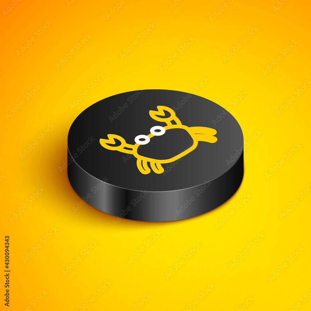 Isometric line Crab icon isolated on yellow background. Black circle button. Vector Isometric line Crab icon isolated on yellow background. Black circle button. Vector