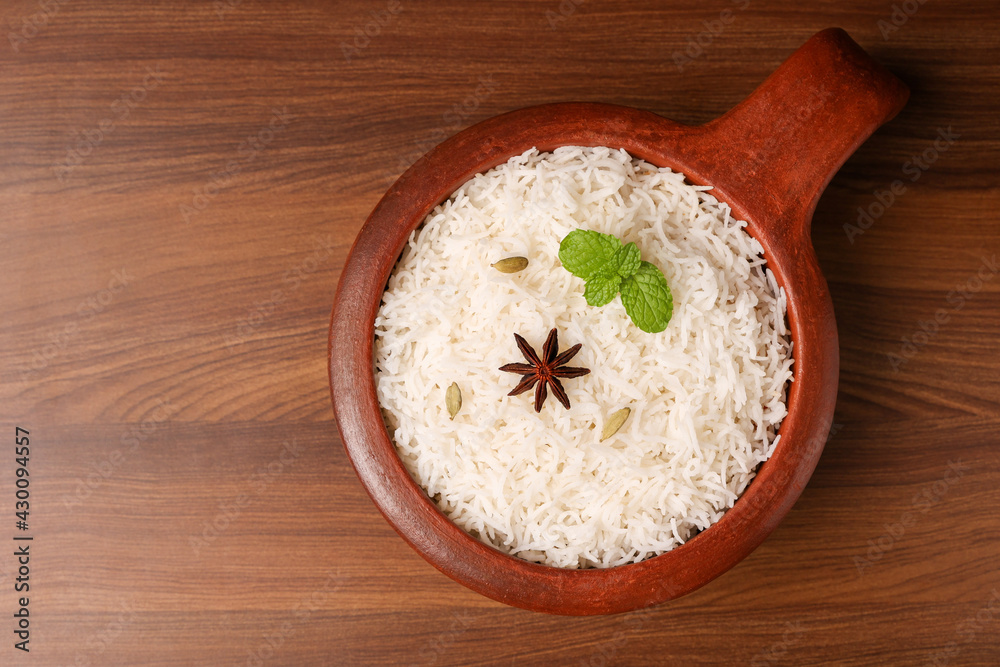 Boiled Basmati rice cooked with Indian spices boiled white rice for