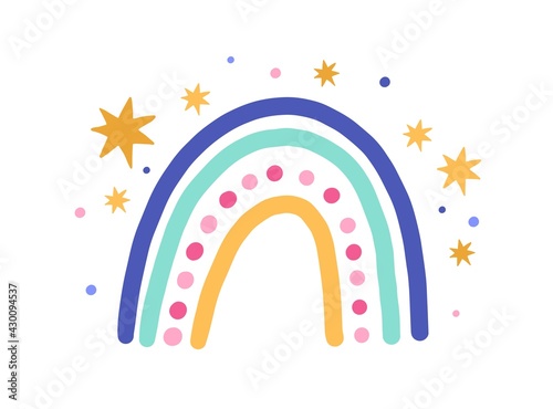 Cute funny magic rainbow with stars isolated on white background. Sweet childish drawing of abstract Scandinavian multicolored arch. Children's flat vector illustration in doodle style