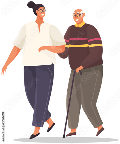 Old man leans on stick and walks with woman holding her hand. Girl take care of man from nursing home, talking to grandpa. People stroll on white background. Girl smiles and helps grandfather to move