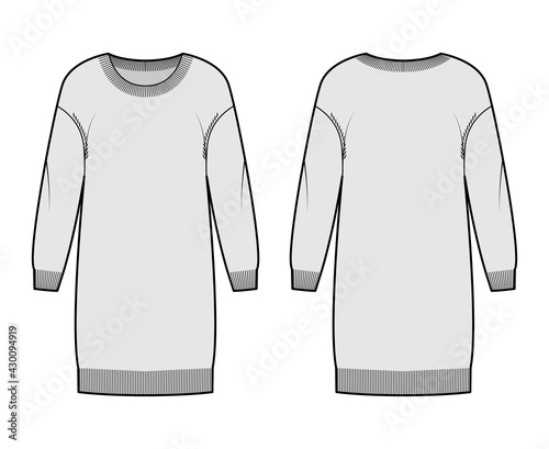 Dress Round neck Sweater technical fashion illustration with dropped shoulder, relax body, knee length, knit rib trim. Flat jumper apparel front, back, grey color style. Women men unisex CAD mockup