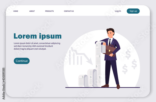 Landing page, upset man holding a long bill, financial losses