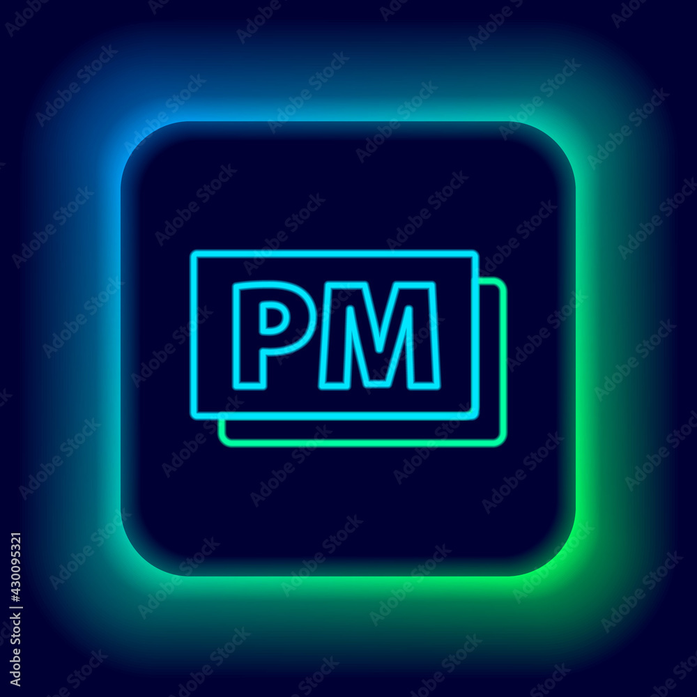 Glowing neon line Clock PM icon isolated on black background. Time symbol. Colorful outline concept. Vector Glowing neon line Clock PM icon isolated on black background. Time symbol. Colorful outline concept. Vector