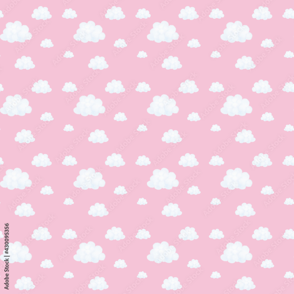 White clouds on pink background. Seamless pattern