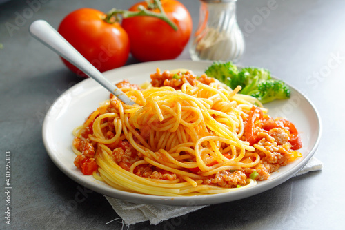 Spaghetti with pork tomato sauce ,Home made food menu easy to eat