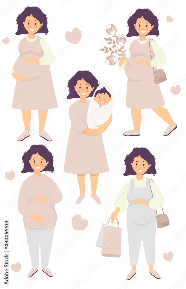 Vector set of Motherhood and Pregnancy. Happy pregnant woman hugs her belly with her hands, with a bouquet of flowers, with a newborn baby, bags, in a dress and trousers. flat illustration Vector set of Motherhood and Pregnancy. Happy pregnant woman hugs her belly with her hands, with a bouquet of flowers, with a newborn baby, bags, in a dress and trousers. flat illustration