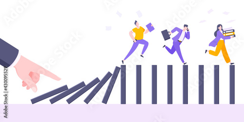 Domino effect or business cowardice metaphor vector illustration concept. Adult young business people run away from hand falling domino line business concept problem solving and danger chain reaction.