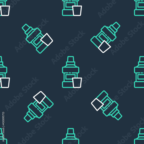 Line Mouthwash plastic bottle and glass icon isolated seamless pattern on black background. Liquid for rinsing mouth. Oralcare equipment. Vector