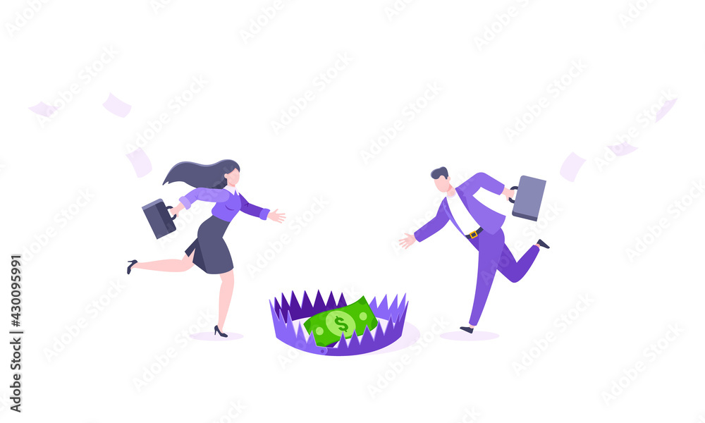 Money trap business concept. Young adult people running to catch the coin money in the steel bear trap flat style design vector illustration. Metaphor of greedy financial risk and bad solutions.