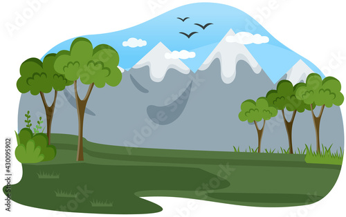 Mountain and coniferous forest flat color vector illustration. Green hill and tall trees. Wild summer nature scenery. Cartoon peaceful landscape with woodland and mountains with plants on background