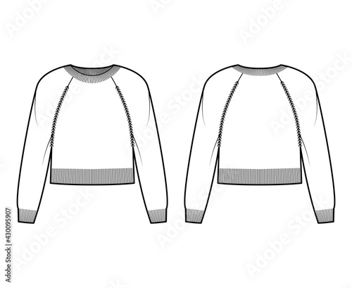 Crew neck Sweater cropped technical fashion illustration with long raglan sleeves, relax fit, waist length, knit rib trim. Flat jumper apparel front, back, white color style. Women, men unisex mockup