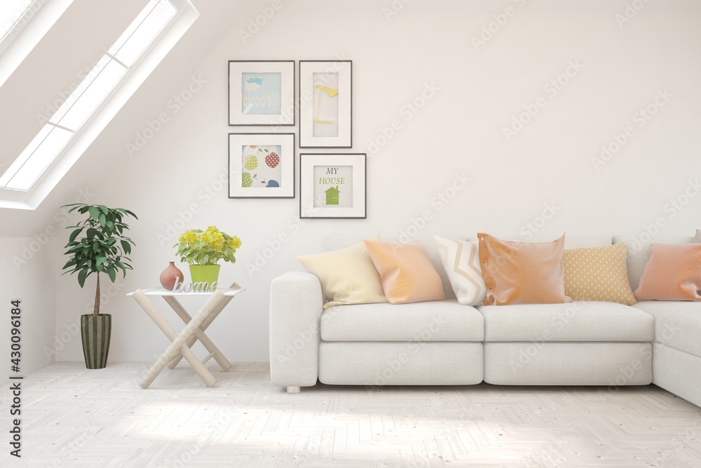 Soft color living room with sofa. Scandinavian interior design. 3D illustration