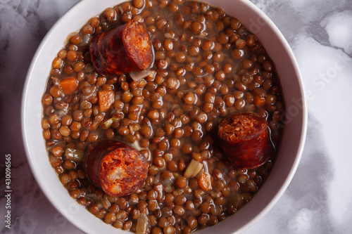 top view of lentils with chorizo