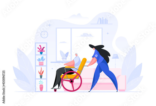 Colorful vector illustration of cartoon female nurse pushing wheelchair with disabled senior man while walking in corridor of modern hospital